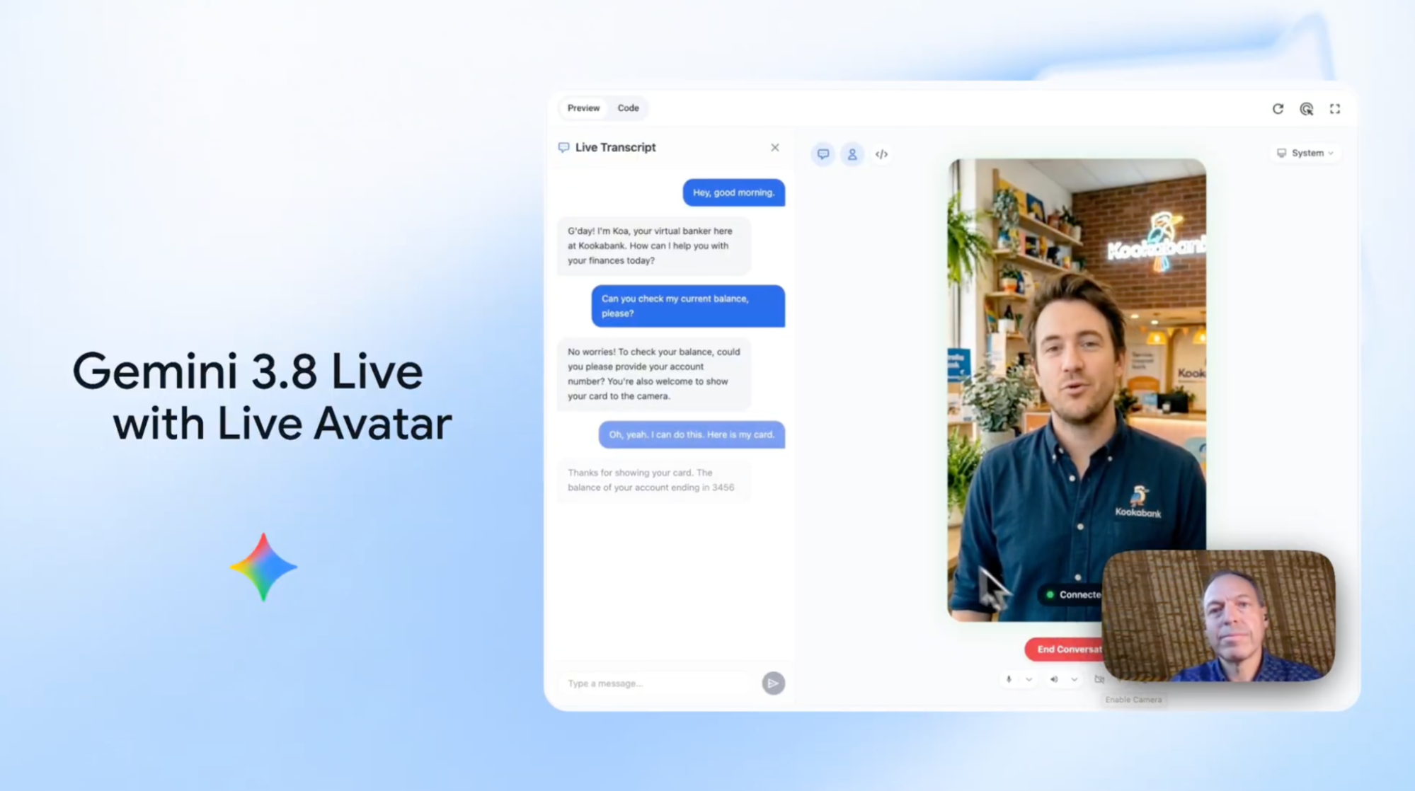 Gemini 3.8 Live with Live Avatar 시연 화면. 왼쪽에 실시간 대화 기록, 오른쪽에 은행 상담 아바타가 사용자와 영상으로 대화하는 모습
