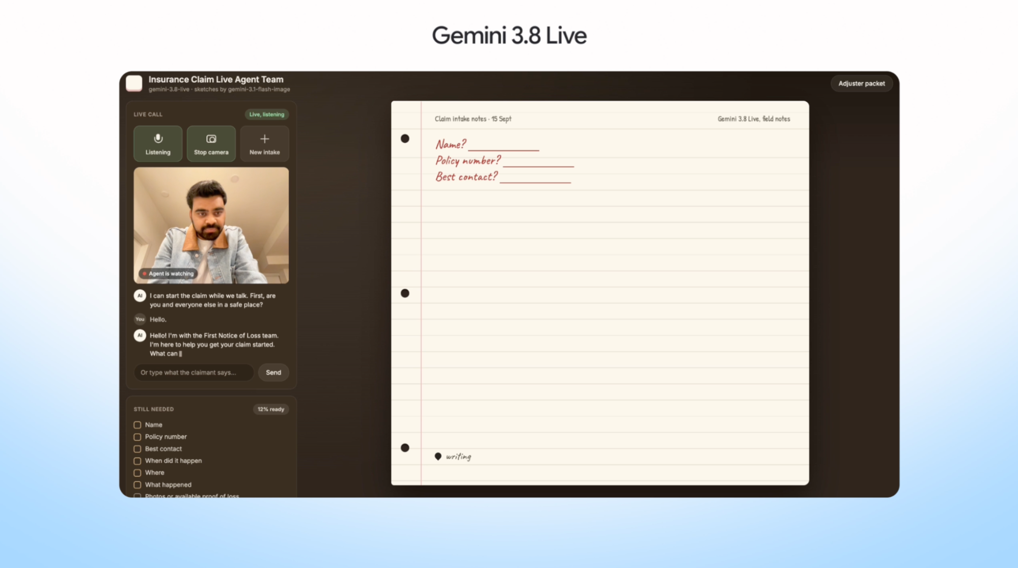 Gemini 3.8 Live 보험 청구 접수 시연 화면. 왼쪽에 실시간 영상 통화와 남은 확인 항목, 오른쪽에 대화에 따라 채워지는 청구 노트