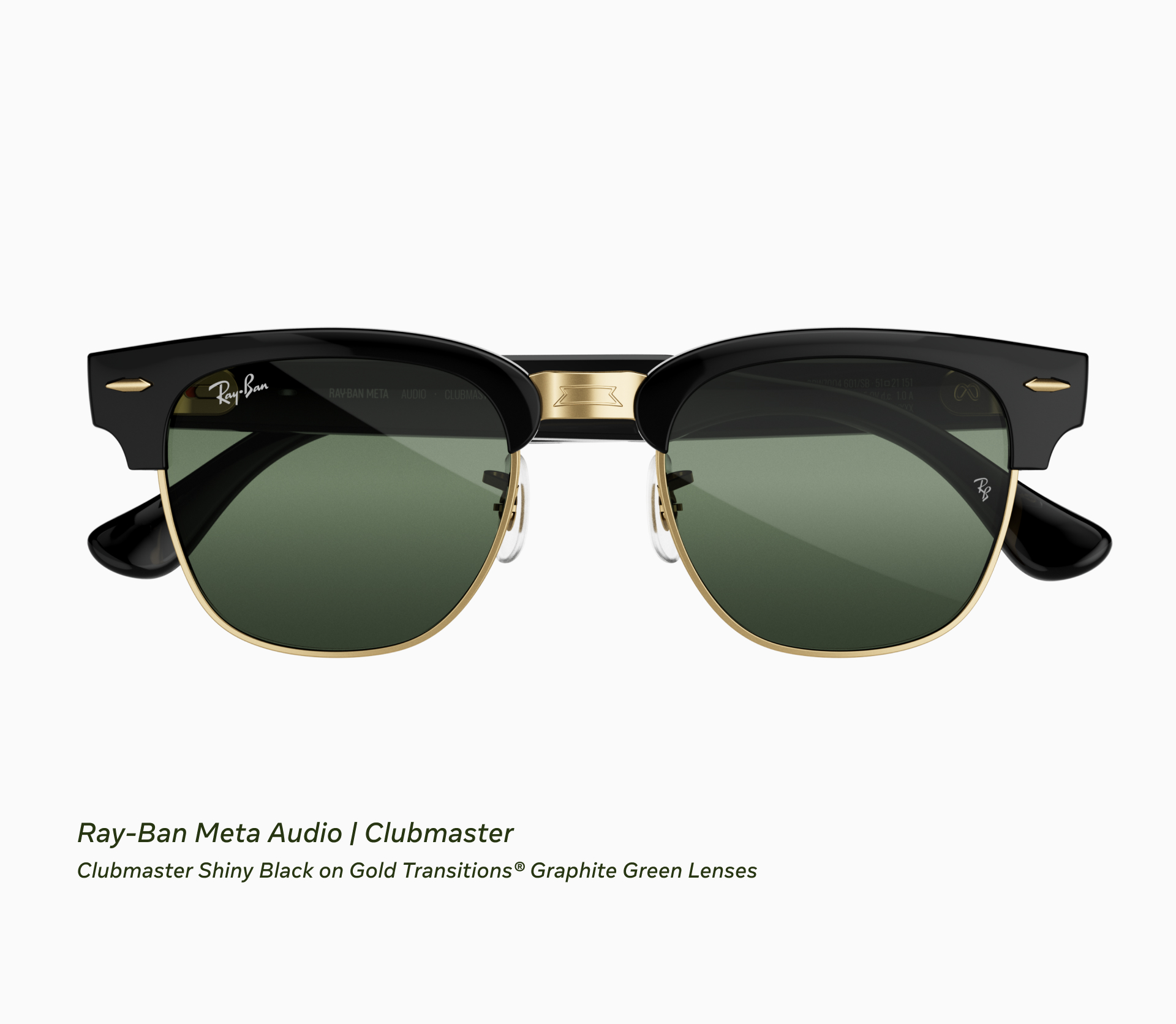 금색 브리지에 녹색 렌즈를 단 Ray-Ban Meta Audio 클럽마스터 모델