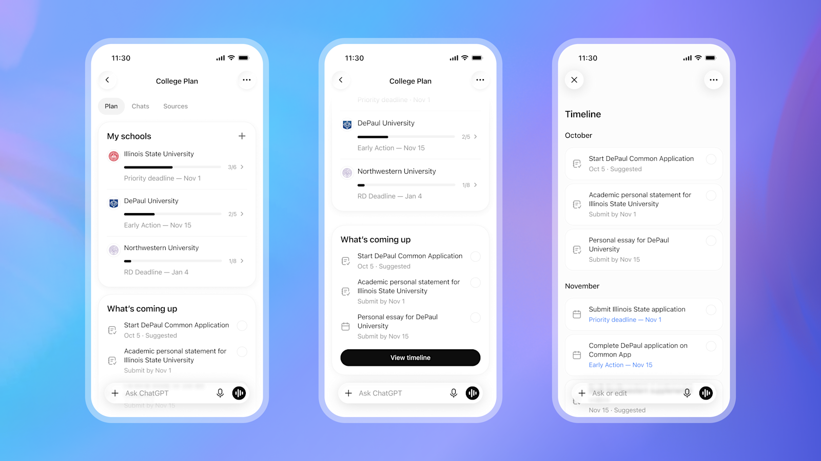 College Planner 화면 세 장. 학생이 고른 학교별 지원 진행률과 마감일, 다가오는 할 일, 월별 타임라인이 보인다